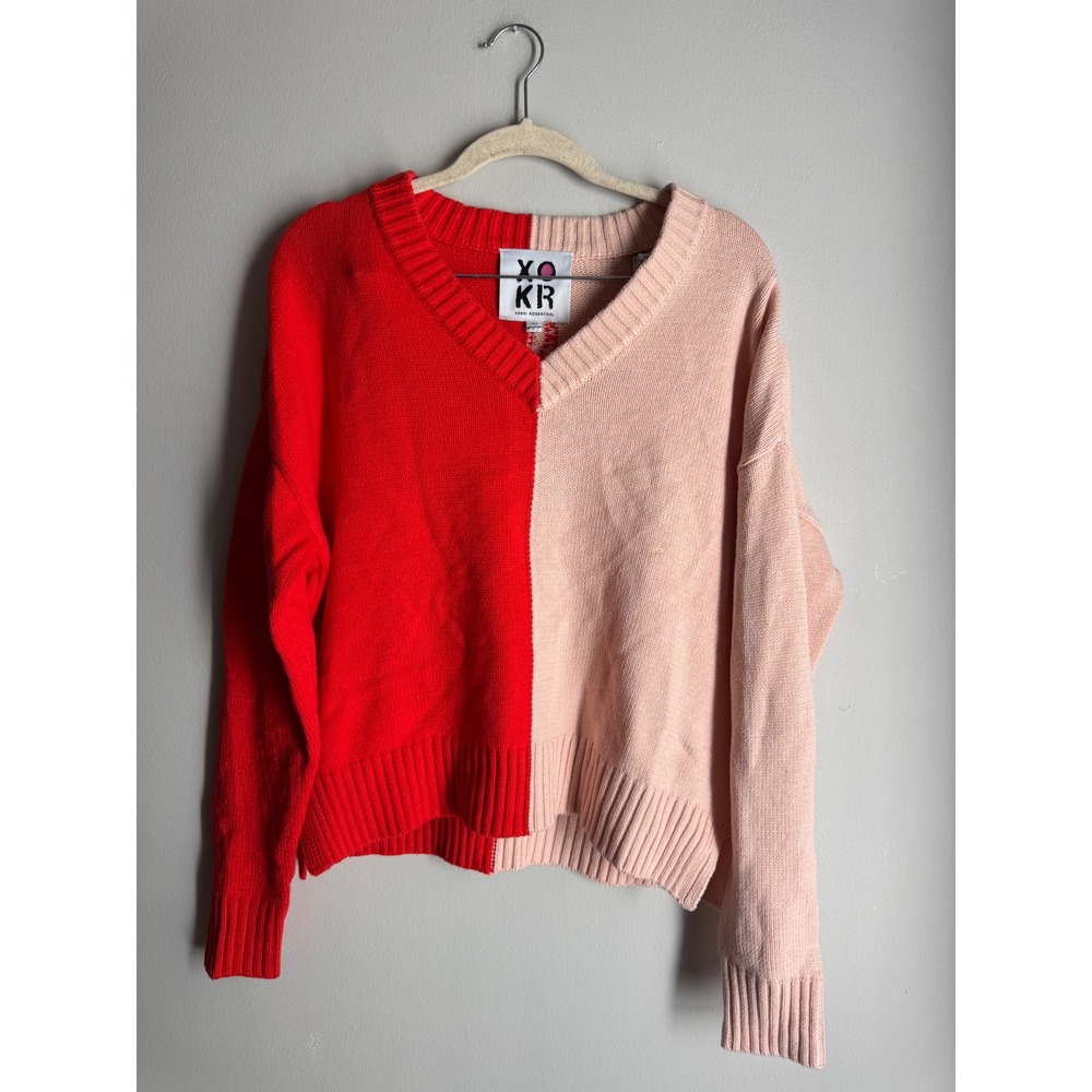 Kerri Rosenthal XOKR Two Tone Heart Knit Sweater Red Pink V-Neck XS NWT